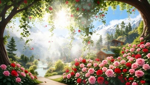 护眼花园树木房屋阳光景色