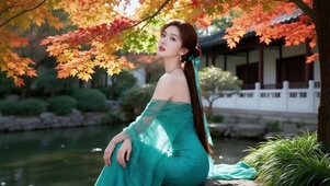 园林池塘旁悠闲独处的长裙美女