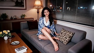 客厅百叶窗旁沙发上着睡袍美女