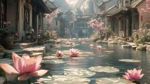 夏日荷花溪流古城村庄