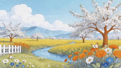樱花树木河流