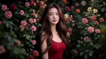鲜花丛中红衣长发美女1