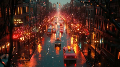 雨天城市热闹街道夜景