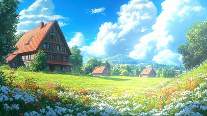 蓝天阳光鲜花草原木屋