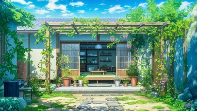 治愈插画小屋庭院