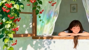 欣赏窗外风景女孩带鱼屏