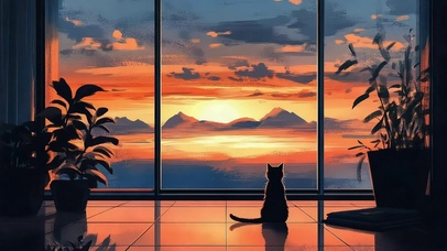 落日晚霞室内可爱猫咪