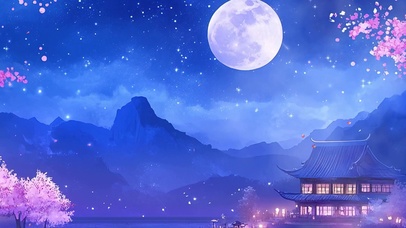 古风樱花树木夜景带鱼屏