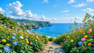 蓝天下的海岸野花小径