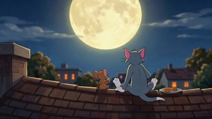 屋顶赏月的猫和老鼠