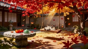 秋天荡秋千的猫咪