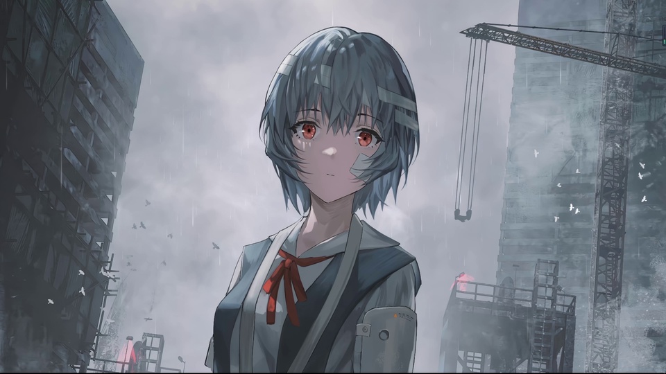 低饱和灰冷色调二次元插画，雨中雾霭笼罩的废弃城市废墟前，灰蓝色短发、贴有创可贴的红眸少女身着水手服，左臂外露义肢装置。