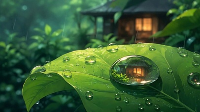 雨天绿意林间小屋