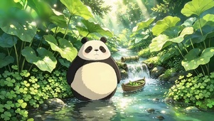 夏天溪流呆萌趣味熊猫