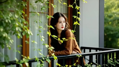 撑在阳台护栏处赏景的美女