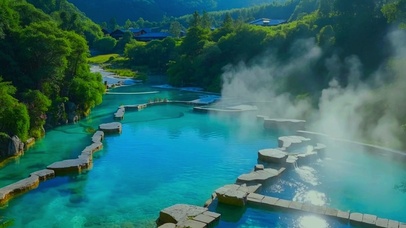 4K夏日绿色护眼温泉雾气缥缈