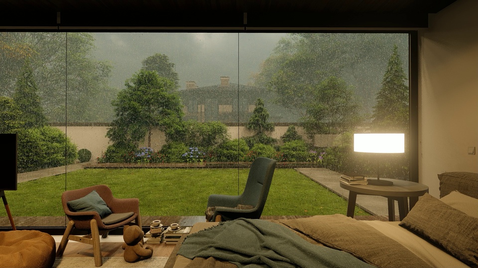 卧室落地窗外是雨雾笼罩的庭院，草坪与绿植朦胧柔和，室内浅米色休闲空间浸在暖光里。