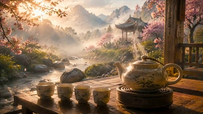 国风山水溪边品茶