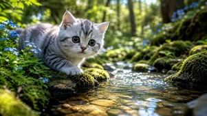 林间溪流可爱小猫