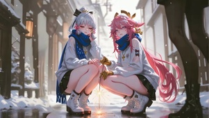 冬日雪景浪漫烟花双子少女