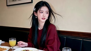 餐厅就餐的红衣长发美女