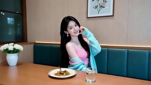 餐厅就餐的粉色背心清纯甜美美女
