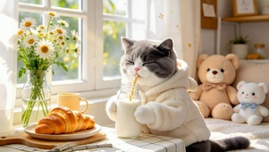 猫咪早餐喝牛奶