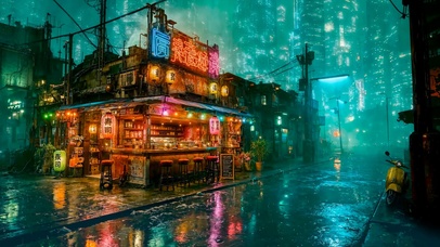 未来城市雨天街边小店