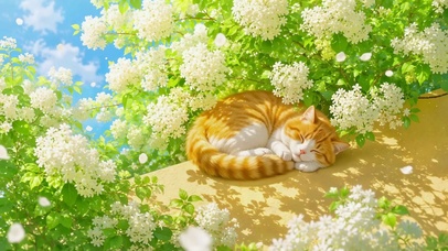 暖阳花丛下熟睡的橘猫