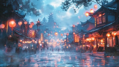 雨夜蓝调古城街景