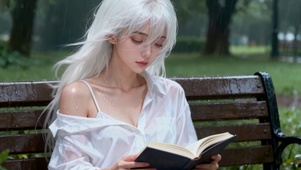 雨天长椅白发衬衫女孩