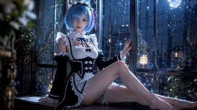 雨夜窗边蓝发女仆雷姆