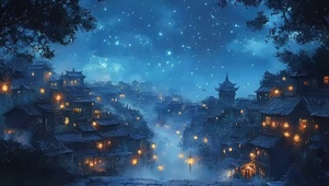 蓝调云雾古城森林村庄