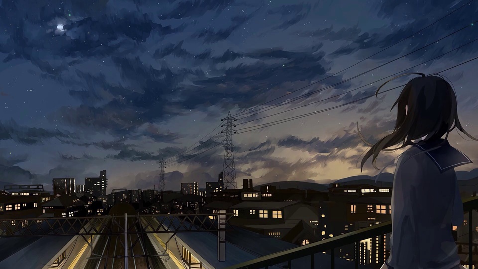 黑发水手服少女背对镜头眺望傍晚亮起暖光的城市夜景插画