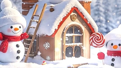 雪景房屋可爱小雪人双屏