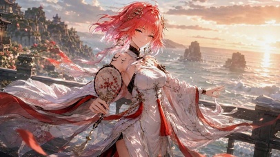 海边落日古风红发美少女