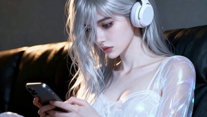 银发耳机少女