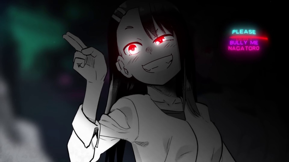 暗调模糊夜景背景里，黑白手绘长发少女抬手比双指，双眼亮着红光，画面右侧有彩色霓虹文字块。