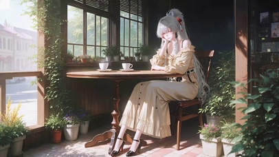 咖啡馆窗边银发美少女绯雪