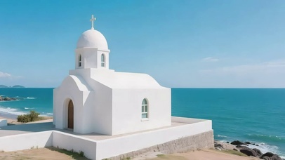 蓝天阳光海边白色建筑