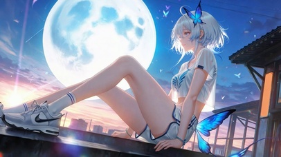 满月夜蓝蝶银发少女守岸人