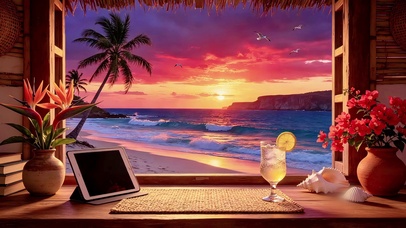 窗外夕阳海滩