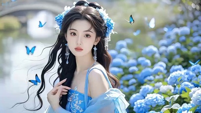 小桥流水蓝裙古风美女