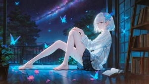 星夜窗边的蝶与少女