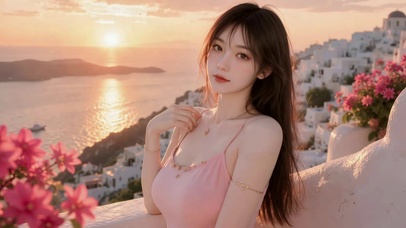 圣托里尼落日下的粉裙少女