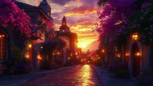 傍晚夕阳小镇建筑街景