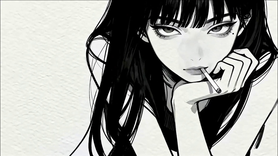 黑白线稿插画里齐刘海长发女性托脸夹烟，左侧是带肌理的浅米留白背景