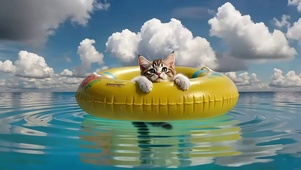 泳池蓝天白云泳圈猫咪