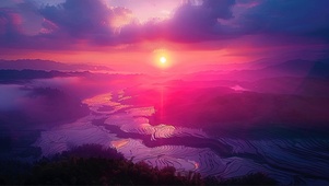 粉色晚霞梯田