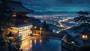 雨夜小镇山顶便利店